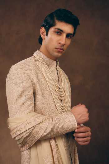 Buy_MUKTI AND KAVITH CASA_Ivory Silk, Organza Timeless Embroidered Sherwani Set _Online_at_Aza_Fashions