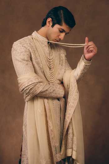 Shop_MUKTI AND KAVITH CASA_Ivory Silk, Organza Timeless Embroidered Sherwani Set _Online_at_Aza_Fashions