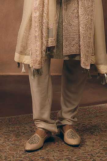 MUKTI AND KAVITH CASA_Ivory Silk, Organza Timeless Embroidered Sherwani Set _at_Aza_Fashions