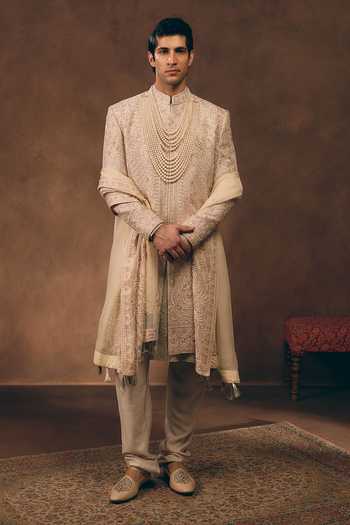 MUKTI AND KAVITH CASA Ivory Timeless Embroidered Sherwani Set 