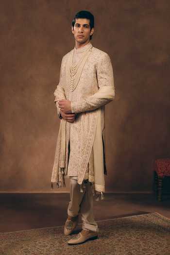 Buy_MUKTI AND KAVITH CASA_Ivory Silk, Organza Timeless Embroidered Sherwani Set 