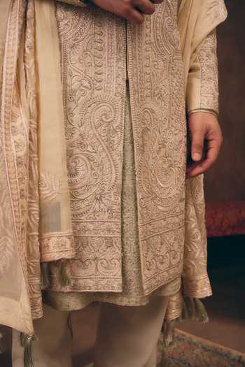 Shop_MUKTI AND KAVITH CASA_Ivory Silk, Organza Timeless Embroidered Sherwani Set 