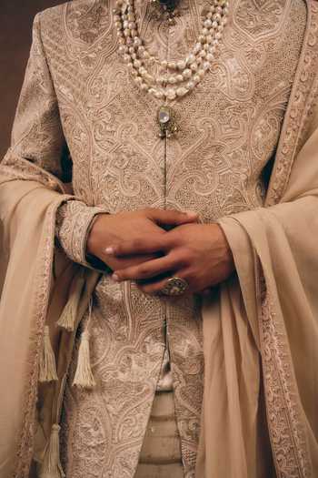 Shop MUKTI AND KAVITH CASA Beige Tissue, Silk Royal Heritage Sherwani Set Shop_MUKTI AND KAVITH CASA_Beige Tissue, Silk Royal Heritage Sherwani Set