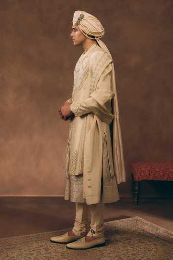 MUKTI AND KAVITH CASA_Gold Brocade, Tissue, Silk And White Heritage Embroidered Sherwani Set _Online_at_Aza_Fashions