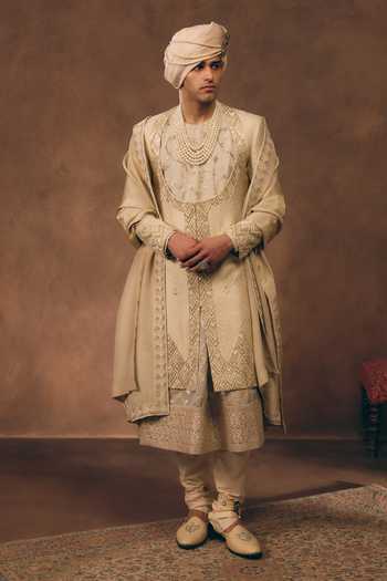 Buy_MUKTI AND KAVITH CASA_Gold Brocade, Tissue, Silk And White Heritage Embroidered Sherwani Set _Online_at_Aza_Fashions