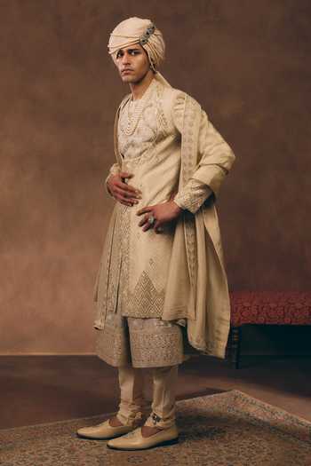 Shop_MUKTI AND KAVITH CASA_Gold Brocade, Tissue, Silk And White Heritage Embroidered Sherwani Set _Online_at_Aza_Fashions