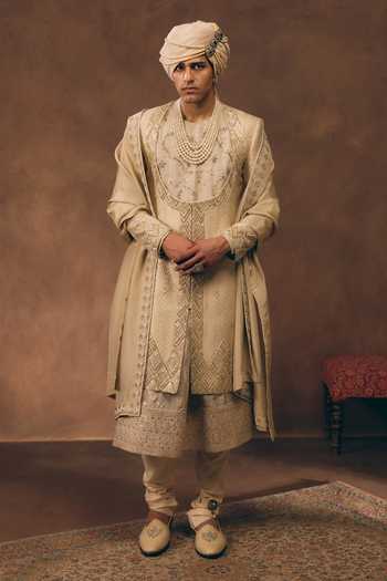 MUKTI AND KAVITH CASA Gold & White Heritage Embroidered Sherwani Set 