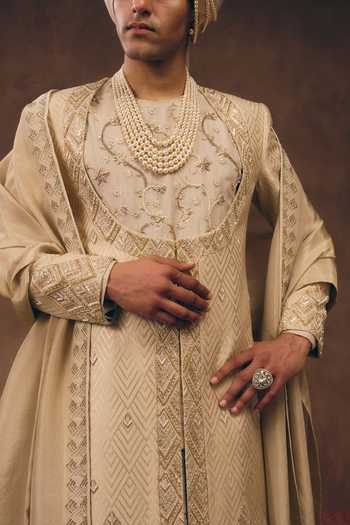 MUKTI AND KAVITH CASA_Gold Brocade, Tissue, Silk And White Heritage Embroidered Sherwani Set _at_Aza_Fashions