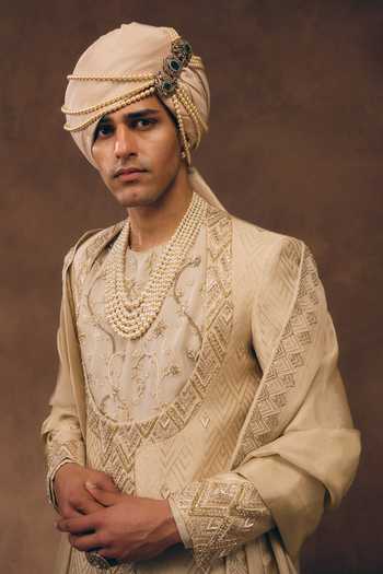 Buy_MUKTI AND KAVITH CASA_Gold Brocade, Tissue, Silk And White Heritage Embroidered Sherwani Set 