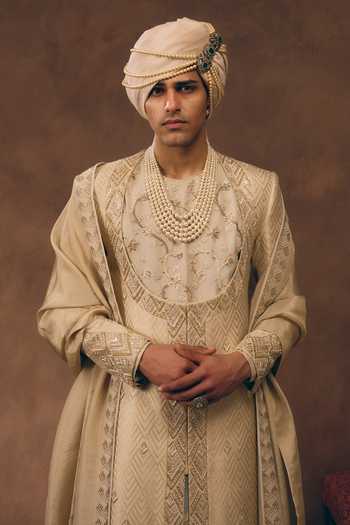 Shop_MUKTI AND KAVITH CASA_Gold Brocade, Tissue, Silk And White Heritage Embroidered Sherwani Set 