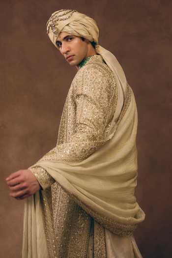 MUKTI AND KAVITH CASA Gold Chanderi, Silk, Organza Signature Embellished Sherwani Set Online at Aza Fashions MUKTI AND KAVITH CASA_Gold Chanderi, Silk, Organza Signature Embellished Sherwani Set _Online_at_Aza_Fashions