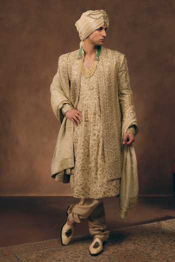Shop MUKTI AND KAVITH CASA Gold Chanderi, Silk, Organza Signature Embellished Sherwani Set Online at Aza Fashions Shop_MUKTI AND KAVITH CASA_Gold Chanderi, Silk, Organza Signature Embellished Sherwani Set _Online_at_Aza_Fashions
