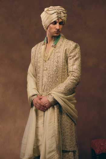 MUKTI AND KAVITH CASA Gold Chanderi, Silk, Organza Signature Embellished Sherwani Set at Aza Fashions MUKTI AND KAVITH CASA_Gold Chanderi, Silk, Organza Signature Embellished Sherwani Set _at_Aza_Fashions