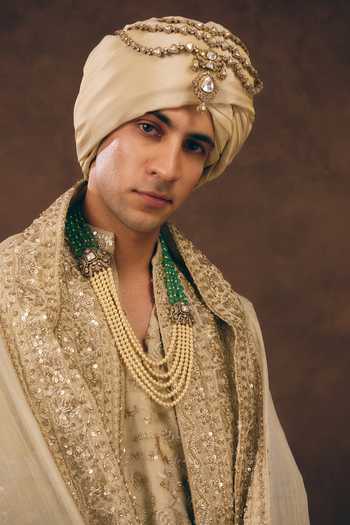 Buy MUKTI AND KAVITH CASA Gold Chanderi, Silk, Organza Signature Embellished Sherwani Set Buy_MUKTI AND KAVITH CASA_Gold Chanderi, Silk, Organza Signature Embellished Sherwani Set