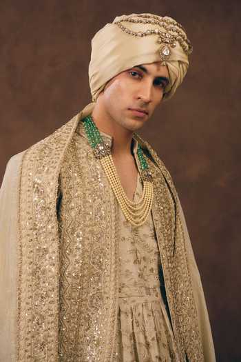 Shop MUKTI AND KAVITH CASA Gold Chanderi, Silk, Organza Signature Embellished Sherwani Set Shop_MUKTI AND KAVITH CASA_Gold Chanderi, Silk, Organza Signature Embellished Sherwani Set
