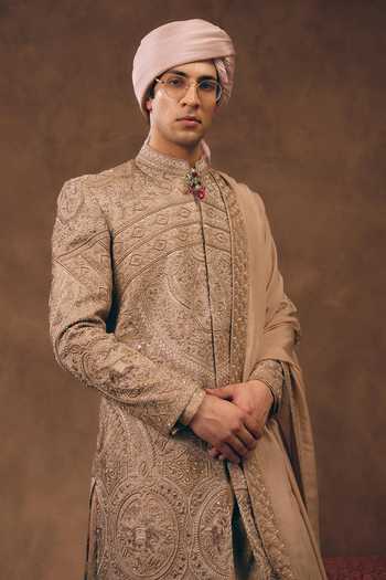MUKTI AND KAVITH CASA Beige Tissue, Silk, Organza Heritage Embroidered Sherwani Set Online at Aza Fashions MUKTI AND KAVITH CASA_Beige Tissue, Silk, Organza Heritage Embroidered Sherwani Set _Online_at_Aza_Fashions