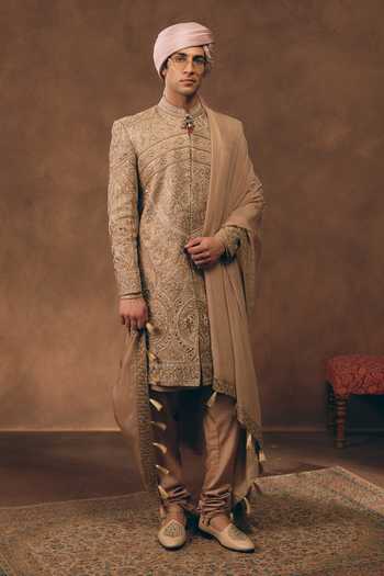 Shop MUKTI AND KAVITH CASA Beige Tissue, Silk, Organza Heritage Embroidered Sherwani Set Online at Aza Fashions Shop_MUKTI AND KAVITH CASA_Beige Tissue, Silk, Organza Heritage Embroidered Sherwani Set _Online_at_Aza_Fashions