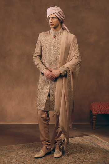 MUKTI AND KAVITH CASA Beige Heritage Embroidered Sherwani Set 