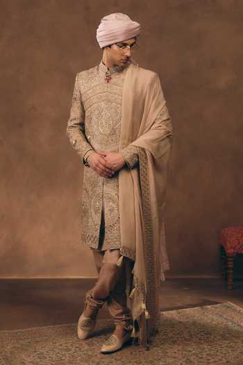 MUKTI AND KAVITH CASA Beige Tissue, Silk, Organza Heritage Embroidered Sherwani Set at Aza Fashions MUKTI AND KAVITH CASA_Beige Tissue, Silk, Organza Heritage Embroidered Sherwani Set _at_Aza_Fashions