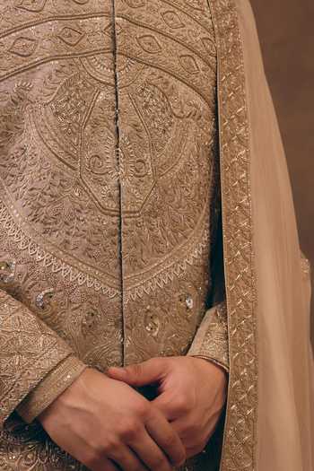 Buy MUKTI AND KAVITH CASA Beige Tissue, Silk, Organza Heritage Embroidered Sherwani Set Buy_MUKTI AND KAVITH CASA_Beige Tissue, Silk, Organza Heritage Embroidered Sherwani Set