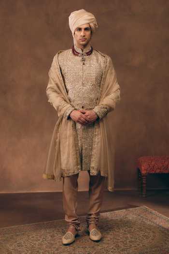 MUKTI AND KAVITH CASA Beige Royal Dynasty Embroidered Sherwani Set 