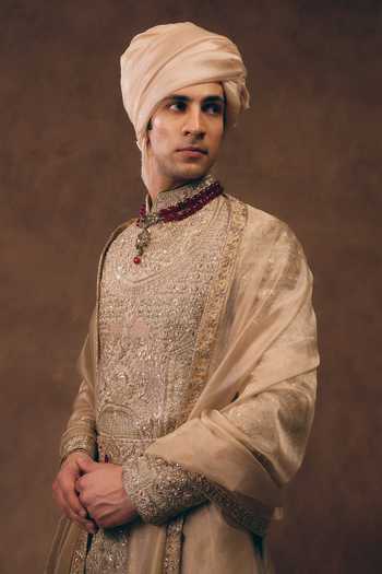 MUKTI AND KAVITH CASA Beige Chanderi, Tissue, Silk, Organza Royal Dynasty Embroidered Sherwani Set Online at Aza Fashions MUKTI AND KAVITH CASA_Beige Chanderi, Tissue, Silk, Organza Royal Dynasty Embroidered Sherwani Set _Online_at_Aza_Fashions