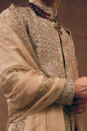 Buy MUKTI AND KAVITH CASA Beige Chanderi, Tissue, Silk, Organza Royal Dynasty Embroidered Sherwani Set Online at Aza Fashions Buy_MUKTI AND KAVITH CASA_Beige Chanderi, Tissue, Silk, Organza Royal Dynasty Embroidered Sherwani Set _Online_at_Aza_Fashions