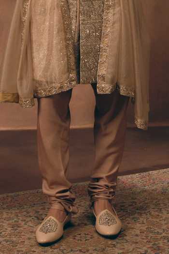 Shop MUKTI AND KAVITH CASA Beige Chanderi, Tissue, Silk, Organza Royal Dynasty Embroidered Sherwani Set Online at Aza Fashions Shop_MUKTI AND KAVITH CASA_Beige Chanderi, Tissue, Silk, Organza Royal Dynasty Embroidered Sherwani Set _Online_at_Aza_Fashions