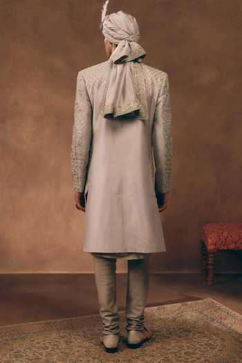 MUKTI AND KAVITH CASA Grey Heritage Embroidered Sherwani Set 