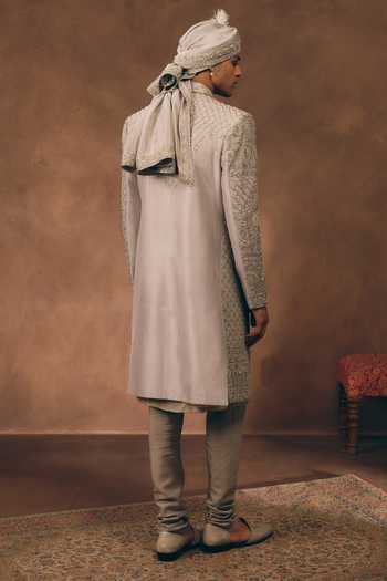 MUKTI AND KAVITH CASA Grey Silk, Tissue Heritage Embroidered Sherwani Set Online at Aza Fashions MUKTI AND KAVITH CASA_Grey Silk, Tissue Heritage Embroidered Sherwani Set _Online_at_Aza_Fashions