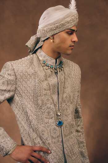 Buy MUKTI AND KAVITH CASA Grey Silk, Tissue Heritage Embroidered Sherwani Set Online at Aza Fashions Buy_MUKTI AND KAVITH CASA_Grey Silk, Tissue Heritage Embroidered Sherwani Set _Online_at_Aza_Fashions