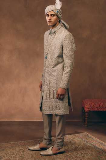 Shop MUKTI AND KAVITH CASA Grey Silk, Tissue Heritage Embroidered Sherwani Set Online at Aza Fashions Shop_MUKTI AND KAVITH CASA_Grey Silk, Tissue Heritage Embroidered Sherwani Set _Online_at_Aza_Fashions