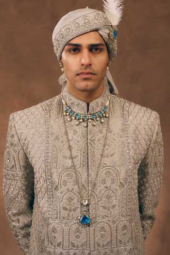 MUKTI AND KAVITH CASA Grey Silk, Tissue Heritage Embroidered Sherwani Set at Aza Fashions MUKTI AND KAVITH CASA_Grey Silk, Tissue Heritage Embroidered Sherwani Set _at_Aza_Fashions
