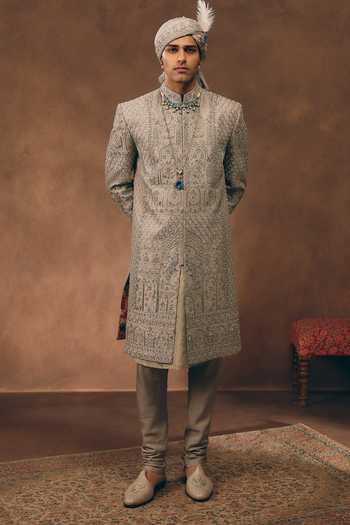 MUKTI AND KAVITH CASA Grey Heritage Embroidered Sherwani Set 