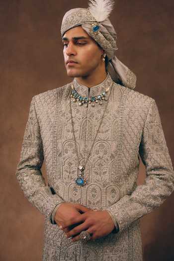 Buy MUKTI AND KAVITH CASA Grey Silk, Tissue Heritage Embroidered Sherwani Set Buy_MUKTI AND KAVITH CASA_Grey Silk, Tissue Heritage Embroidered Sherwani Set
