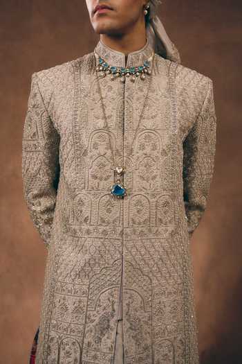 Shop MUKTI AND KAVITH CASA Grey Silk, Tissue Heritage Embroidered Sherwani Set Shop_MUKTI AND KAVITH CASA_Grey Silk, Tissue Heritage Embroidered Sherwani Set