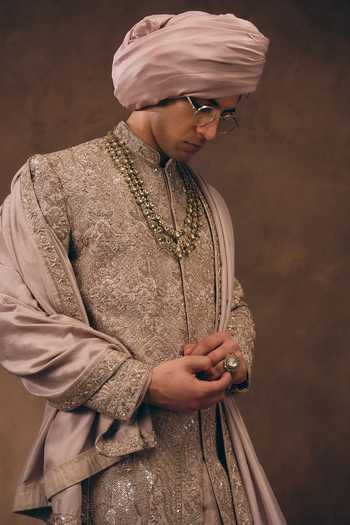 MUKTI AND KAVITH CASA Pink Silk, Tissue Powder Heritage Embroidered Sherwani Set at Aza Fashions MUKTI AND KAVITH CASA_Pink Silk, Tissue Powder Heritage Embroidered Sherwani Set _at_Aza_Fashions