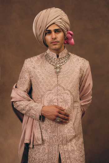 Buy MUKTI AND KAVITH CASA Pink Silk, Tissue Soft Heritage Embroidered Sherwani Set Online at Aza Fashions Buy_MUKTI AND KAVITH CASA_Pink Silk, Tissue Soft Heritage Embroidered Sherwani Set _Online_at_Aza_Fashions