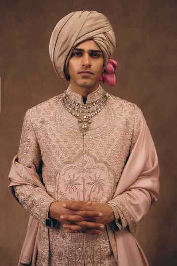 Shop MUKTI AND KAVITH CASA Pink Silk, Tissue Soft Heritage Embroidered Sherwani Set Online at Aza Fashions Shop_MUKTI AND KAVITH CASA_Pink Silk, Tissue Soft Heritage Embroidered Sherwani Set _Online_at_Aza_Fashions