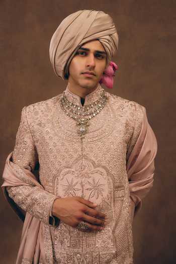 MUKTI AND KAVITH CASA Pink Silk, Tissue Soft Heritage Embroidered Sherwani Set at Aza Fashions MUKTI AND KAVITH CASA_Pink Silk, Tissue Soft Heritage Embroidered Sherwani Set _at_Aza_Fashions