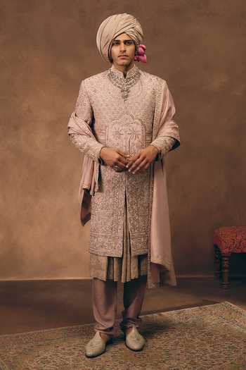 MUKTI AND KAVITH CASA Soft Pink Heritage Embroidered Sherwani Set 