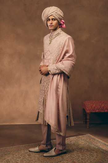 Buy MUKTI AND KAVITH CASA Pink Silk, Tissue Soft Heritage Embroidered Sherwani Set Buy_MUKTI AND KAVITH CASA_Pink Silk, Tissue Soft Heritage Embroidered Sherwani Set
