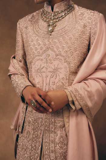 Shop MUKTI AND KAVITH CASA Pink Silk, Tissue Soft Heritage Embroidered Sherwani Set Shop_MUKTI AND KAVITH CASA_Pink Silk, Tissue Soft Heritage Embroidered Sherwani Set