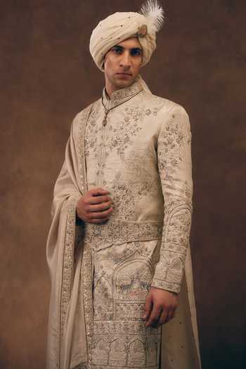 Shop MUKTI AND KAVITH CASA Ivory Brocade, Tissue, Silk Signature Royal Sherwani Set Online at Aza Fashions Shop_MUKTI AND KAVITH CASA_Ivory Brocade, Tissue, Silk Signature Royal Sherwani Set _Online_at_Aza_Fashions
