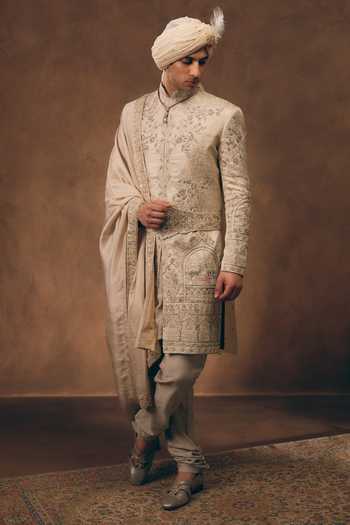 MUKTI AND KAVITH CASA Ivory Brocade, Tissue, Silk Signature Royal Sherwani Set at Aza Fashions MUKTI AND KAVITH CASA_Ivory Brocade, Tissue, Silk Signature Royal Sherwani Set _at_Aza_Fashions