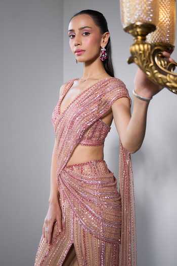 Shop_Ohaila Khan_Rose Gold Crepe, Tulle V-neck Hand Embroidered Pre-draped Saree Set _Online_at_Aza_Fashions