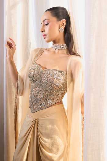 Ohaila Khan_Ivory Organza, Crepe, Tulle Crystals, Diamonds Hand Embroidered Corset Skirt Set _at_Aza_Fashions