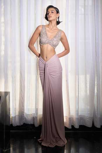 Ohaila Khan_Beige Tulle, Lycra Embroidery, Sequins, Beads Hand Corset With Pre-draped Sare _Online_at_Aza_Fashions