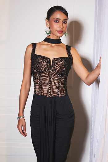 Buy_Ohaila Khan_Black Tulle, Lycra Embroidery, Sequins, Tonal Corset And Pre-draped Saree Set _Online_at_Aza_Fashions