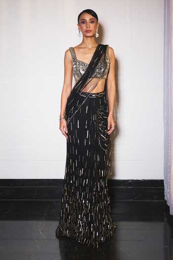 Ohaila Khan_Black Crepe, Tulle Square Neck Hand Embroidered Pre-draped Saree And Blouse Set  _Online_at_Aza_Fashions